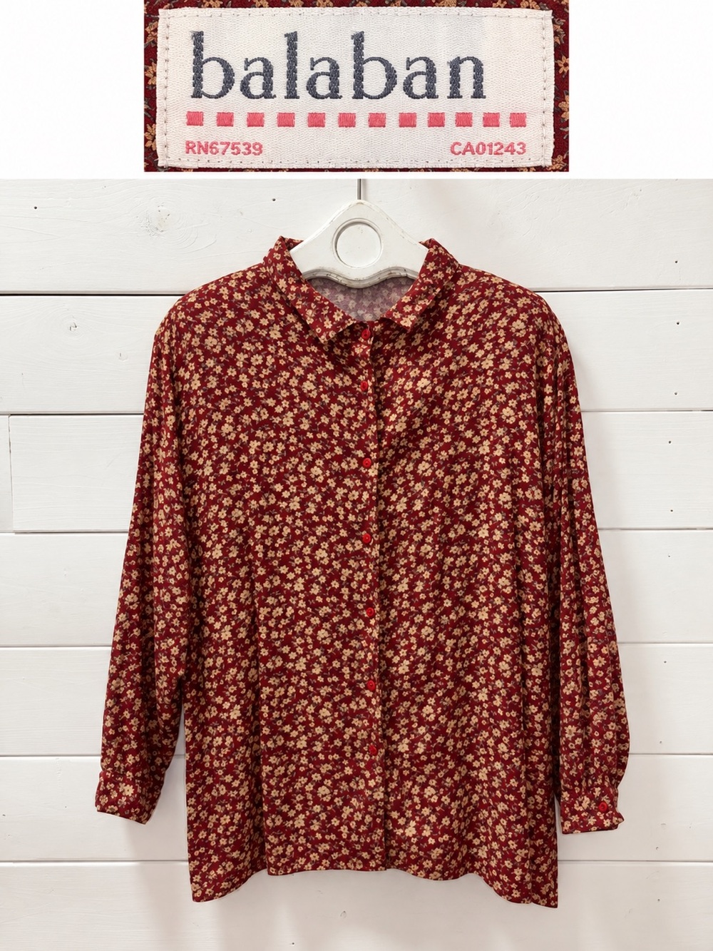 BALABAN – Vintage Floral Button-Up Blouse – Burgundy size XL